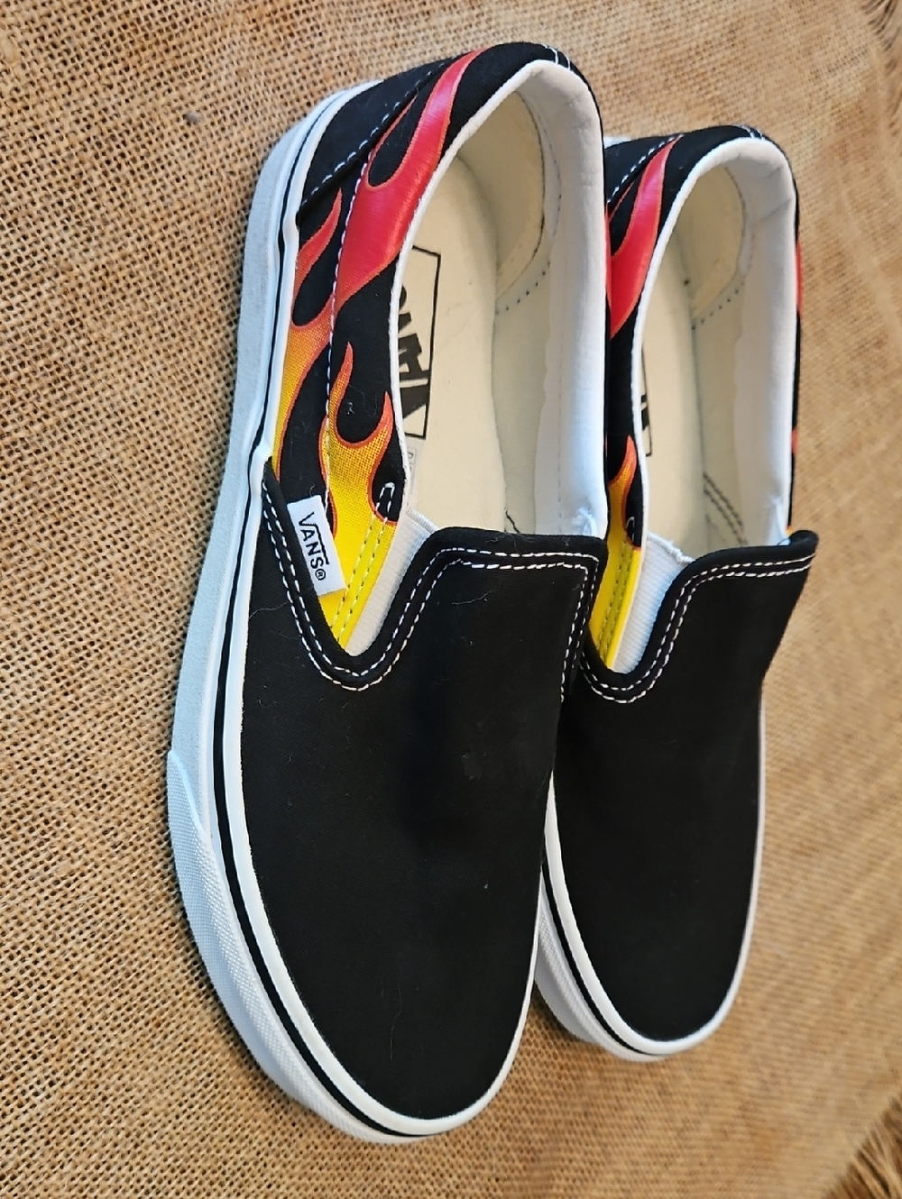 NWT Vans Black Slip-On Sneakers with Red, Orange and Yellow Flame Detail